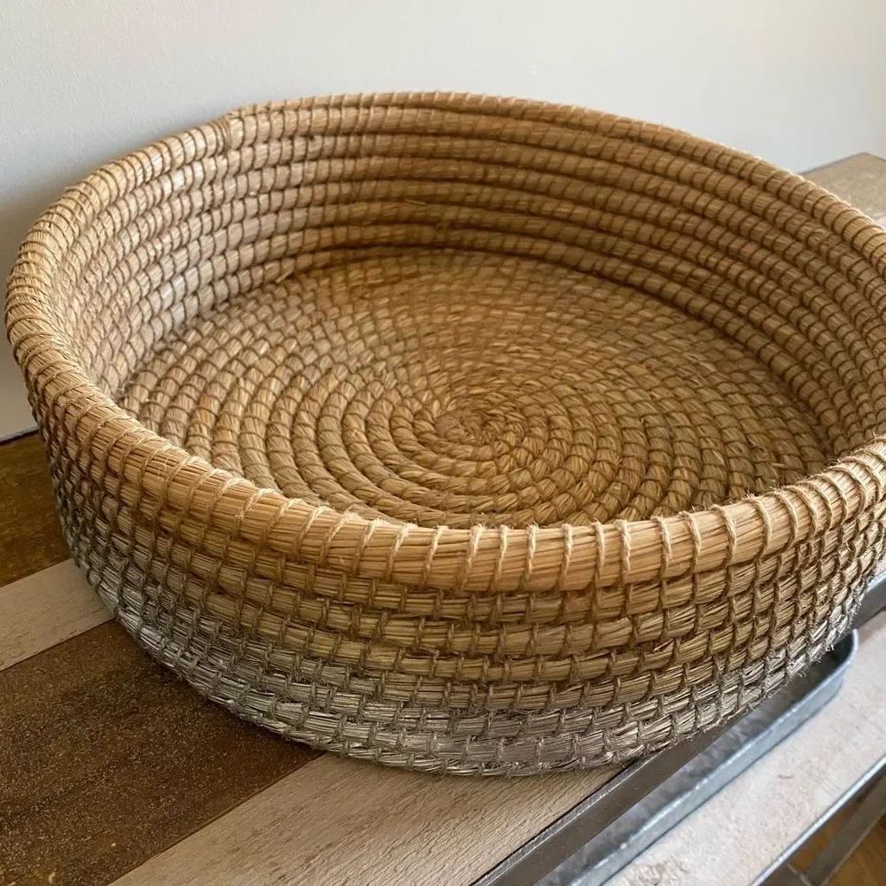 Decorative Basket Natural & Silver Round Woven Seagrass Boho Coastal Farmhouse